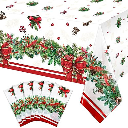Tiamon 6 Pieces Christmas Plastic Tablecloths Disposable Holiday Coverings - Extra Large