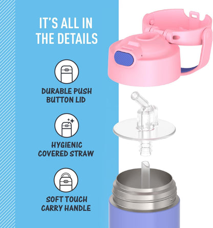 THERMOS FUNTAINER Water Bottle - 12 Ounce Kids Stainless Steel Insulated Bottle with Straw - Purple/Pink
