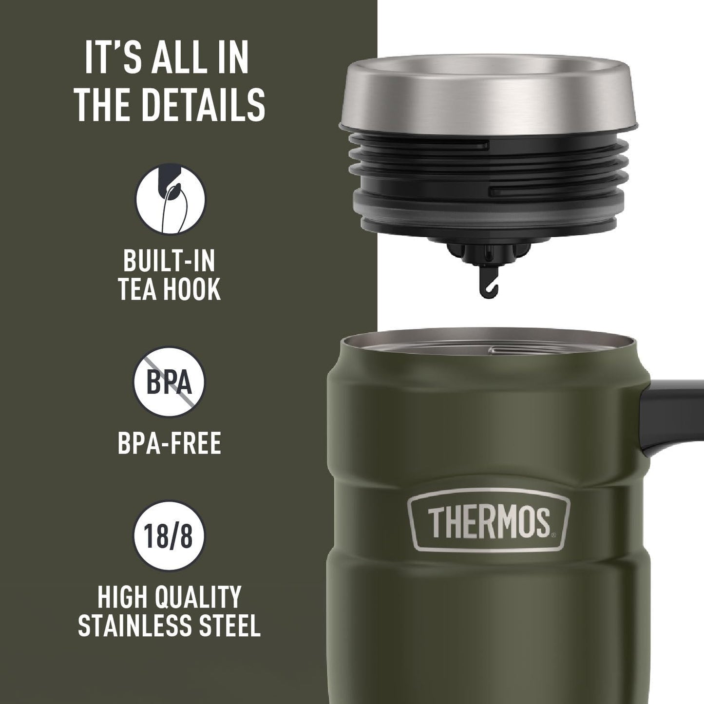 THERMOS Stainless King Travel Mug - 16oz Army Green | Vacuum-Insulated, Leak-Proof & Sweat-Proof Coffee Tumbler