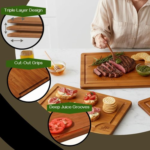 Bamboo Cutting Board Set by [Brand Name] - 3-Piece Wooden Chopping Boards with Juice Grooves & Handles