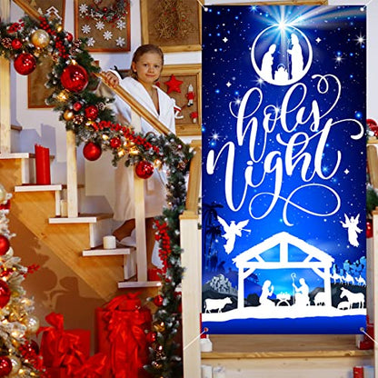 Religious Nativity Christmas Door Cover - Holy Night Scene, 71x35 Inch