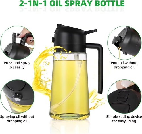 Glass Oil Spray Bottle by [Brand Name] - 16oz Refillable Olive Oil Dispenser | Fine Mist & Stream, Leak-Proof - Black