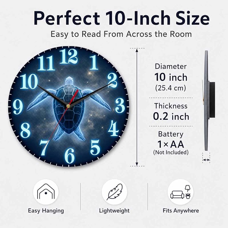 Glow Sea Turtle Wall Clock 10 Inch - Silent Battery Operated, Variation: Glow Sea Turtle+10 Inch