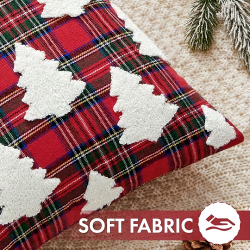 Christmas Pillow Covers 20x20 Set of 2 - Red Tartan & Tufted Tree Farmhouse Decor