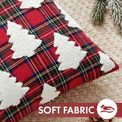 Christmas Pillow Covers 20x20 Set of 2 - Red Tartan & Tufted Tree Farmhouse Decor