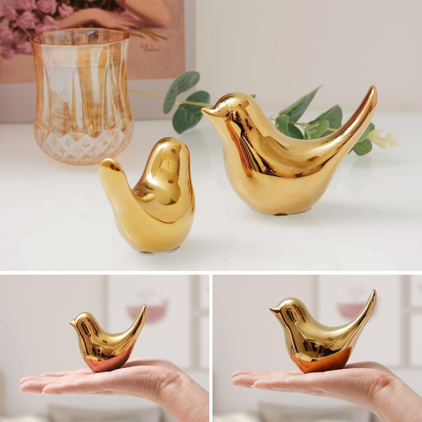 Skiennix Gold Bird Statues - Modern Home Decor Figurines for Living Room, Bedroom & Office | Large Size