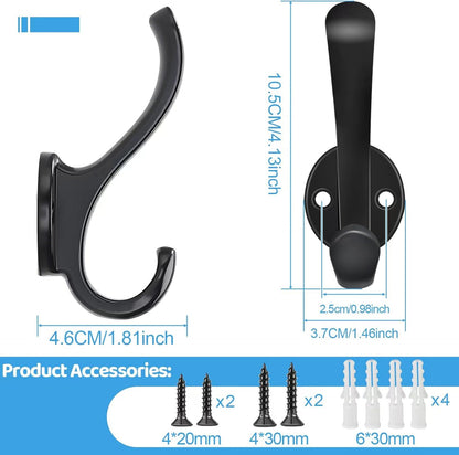 Regine Switzerland 6-Pack Heavy Duty Wall Mount Coat Hooks - Retro Double Hooks for Coats, Hats, Towels & More (Black)