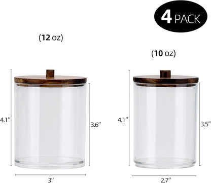 Tbestmax Qtip Holder Dispenser - 4 Pack Clear Plastic Apothecary Jars with Brown Wood Lids | 12oz & 10oz Storage