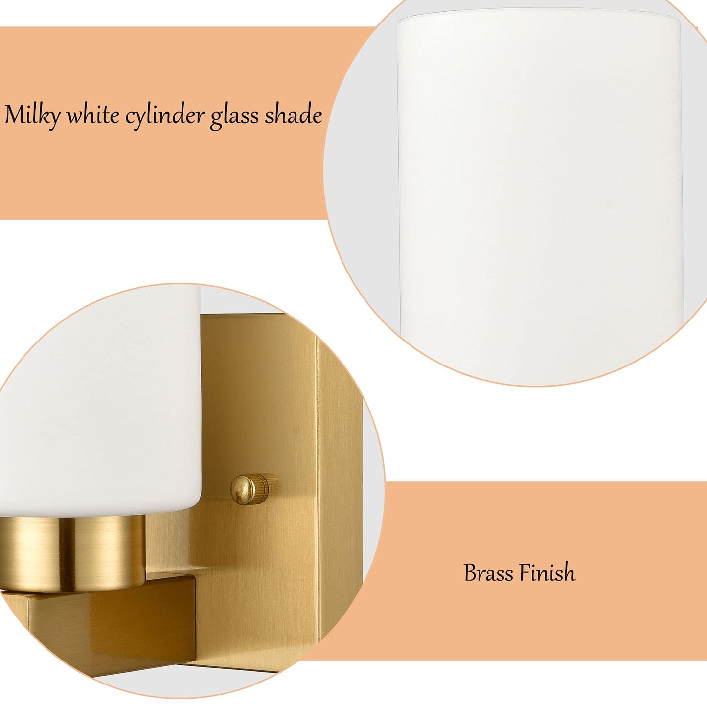 DEYNITE Modern Wall Light Fixtures Brass Bathroom Vanity Light with Milky White Cylinder Glass Shade Set of 2