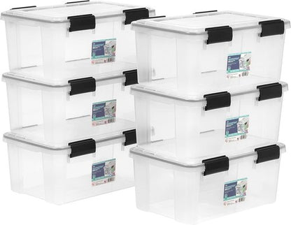 IRIS USA WeatherPro 19 Qt Storage Bins - BPA-Free Plastic with Tight Latch & Seal | 6 Pack - Clear/Black