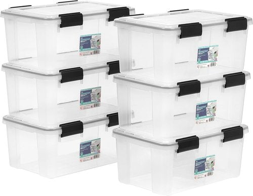 IRIS USA WeatherPro 19 Qt Storage Bins - BPA-Free Plastic with Tight Latch & Seal | 6 Pack - Clear/Black
