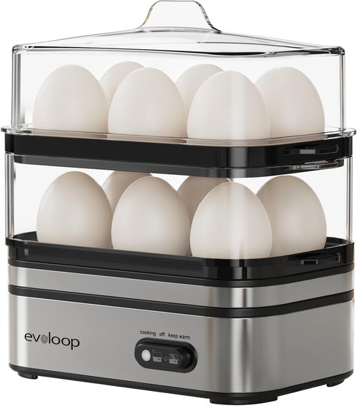 Evoloop Electric Egg Cooker - Rapid 12 Egg Capacity for Soft, Medium, Hard Boiled & Poached Eggs | BPA Free