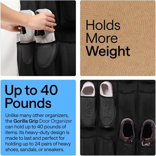 GORILLA GRIP Over The Door Shoe Organizer - 24 Extra Large Breathable Mesh Pockets | Space-Saving Storage in Black