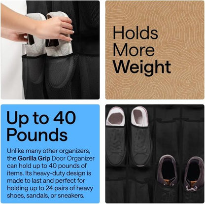 GORILLA GRIP Over The Door Shoe Organizer - 24 Extra Large Breathable Mesh Pockets | Space-Saving Storage in Black