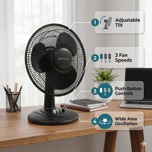 Comfort Zone Oscillating Table Fan with Adjustable Tilt, Convenient Push Button Controls, Quiet, 12 inch, 3 Speed, Desk Fan, Airflow 7.25 ft/sec, Ideal for Home, Bedroom, Dorm & Office, CZ121BK