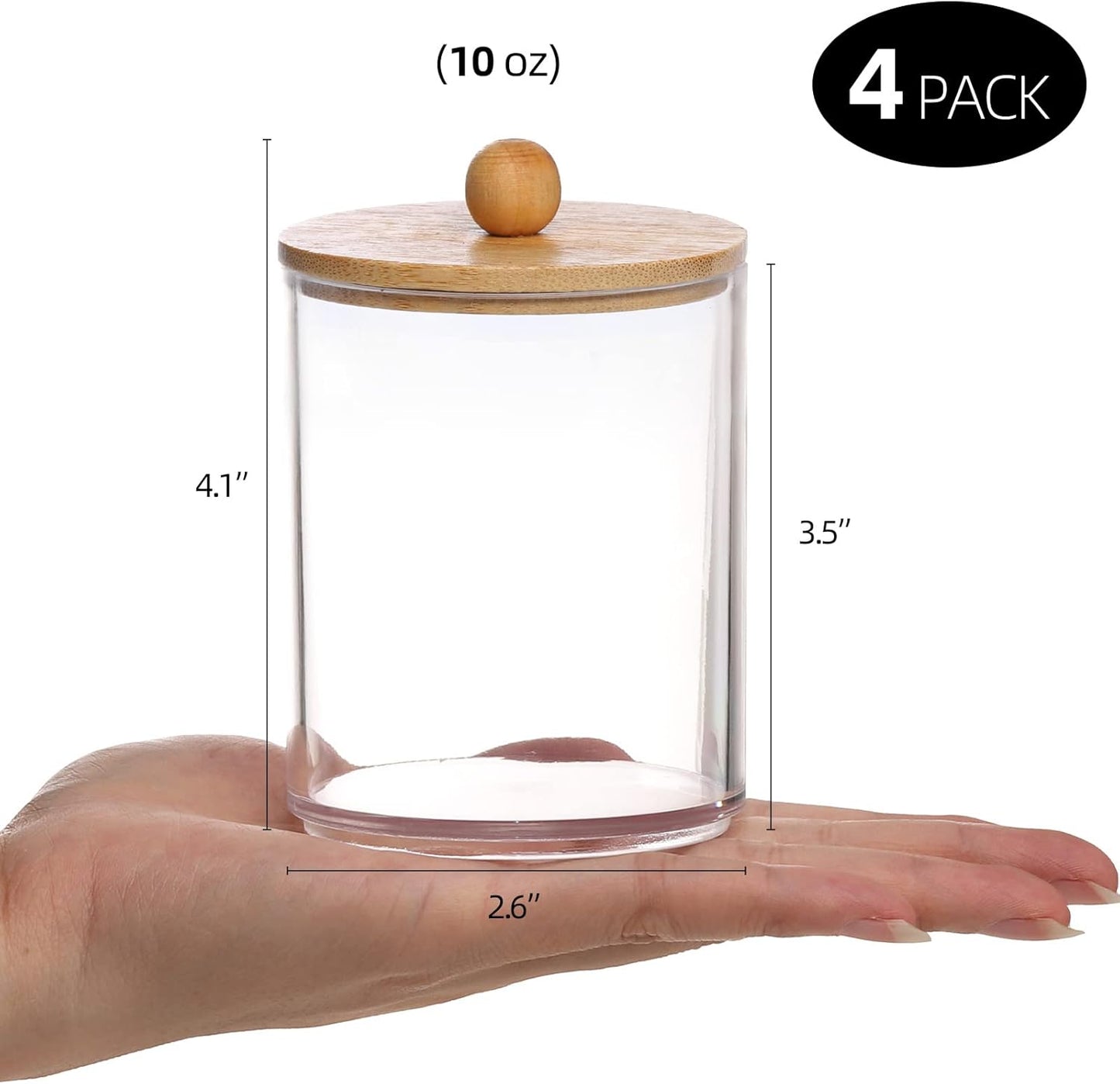 Tbestmax Qtip Holder - 10-Ounce Clear Plastic Bathroom Organizer with Bamboo Lids | 4 Pack for Cotton Swabs & Balls