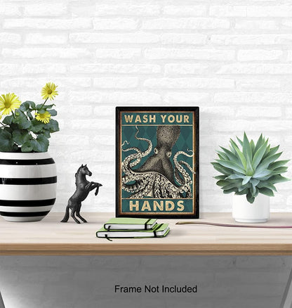 Octopus Nautical Bathroom Wall Art - Funny Beach Decor | Unique Wash Your Hands Sign for Guest Bath