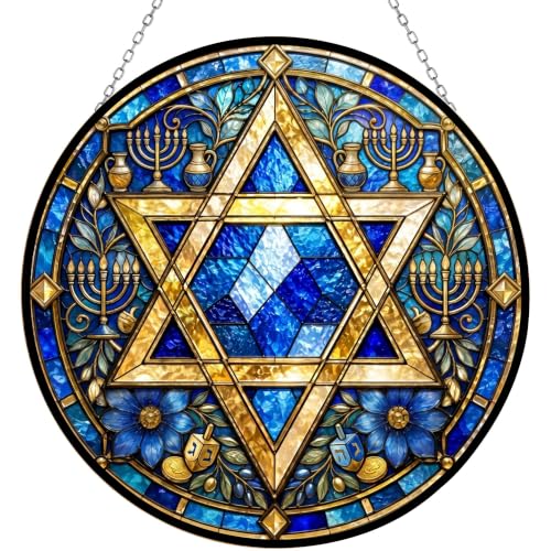 Star of David Hanukkah Suncatcher - Stained Glass Panel 11.8" - UV-Printed, Vibrant Decor