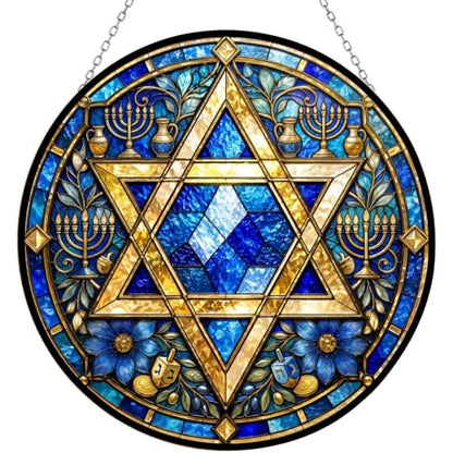 Star of David Hanukkah Suncatcher - Stained Glass Panel 11.8" - UV-Printed, Vibrant Decor