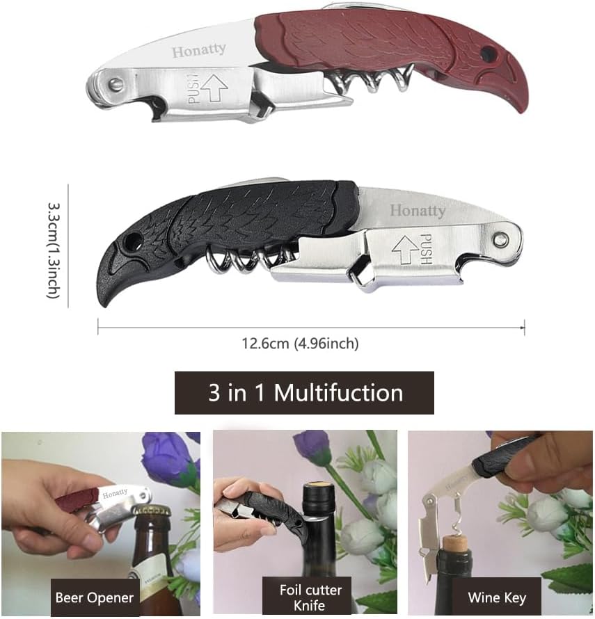Waiter Corkscrew Wine Opener Manual | 2 Pack Professional Honatty 3-in-1 Heavy Duty Double Hinged Wine Key with Foil Cutter & Beer Bottle Opener for Servers, Bartenders & Home Use