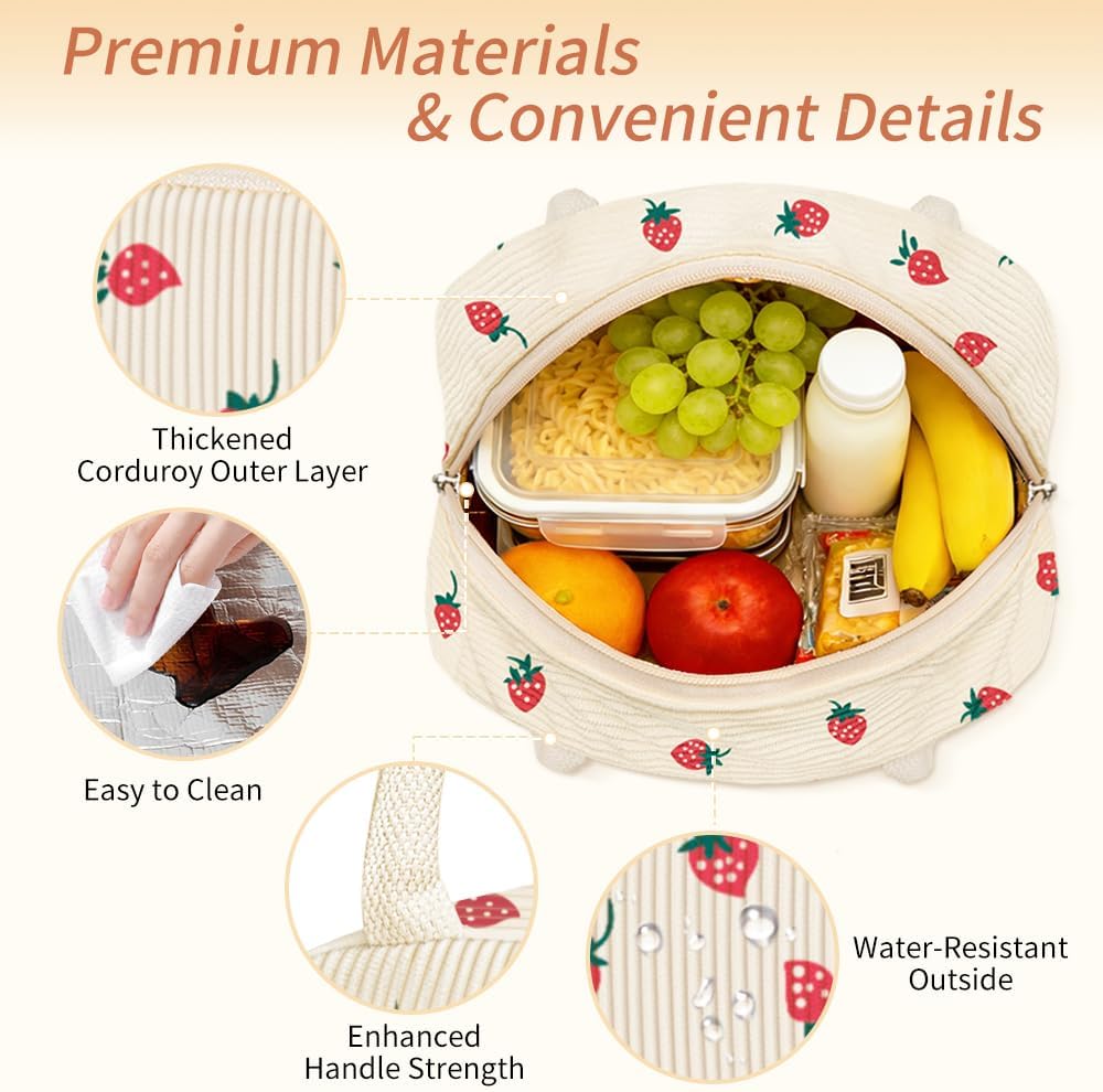 Coobiiya Corduroy Lunch Bag - Insulated Strawberry Tote for Work, Travel & Picnics - Large Capacity