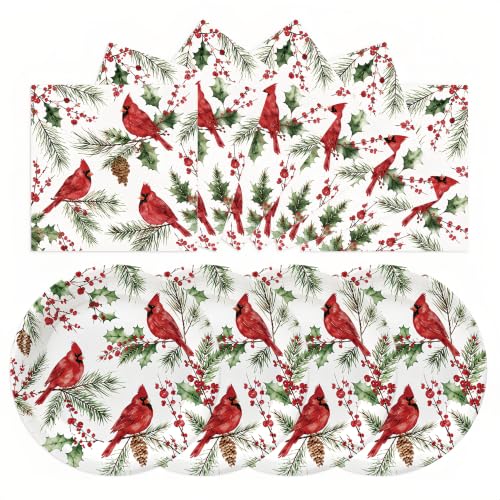 Christmas Paper Plates and Napkins Set - Cardinal Holiday Design - 50 Pieces