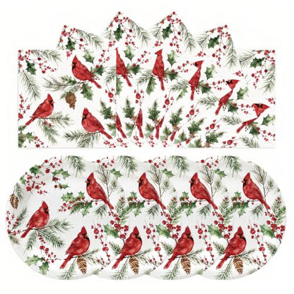 Christmas Paper Plates and Napkins Set - Cardinal Holiday Design - 50 Pieces