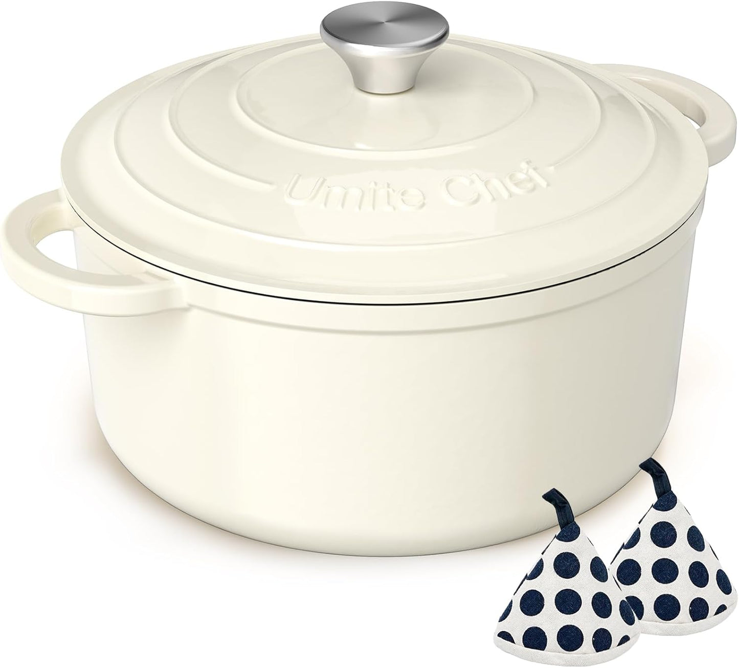 Umite Chef Enameled Cast Iron Dutch Oven - 5QT Heavy-Duty Pot with Lid & Potholders | Cream White for Baking & Stews