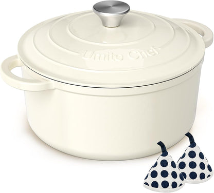 Umite Chef Enameled Cast Iron Dutch Oven - 5QT Heavy-Duty Pot with Lid & Potholders | Cream White for Baking & Stews
