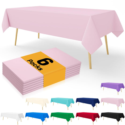 smiry Disposable Table Cloth 6 Pack, 54 x 108 Inch Table Cloths for Parties, Decorative Tablecloths for Rectangle Tables, Waterproof Plastic Table Cover, Leakproof & Sturdy, Pink