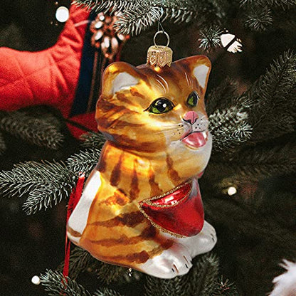 Hand Blown Glass Christmas Cat Ornament with Red Bow - Holiday Decor