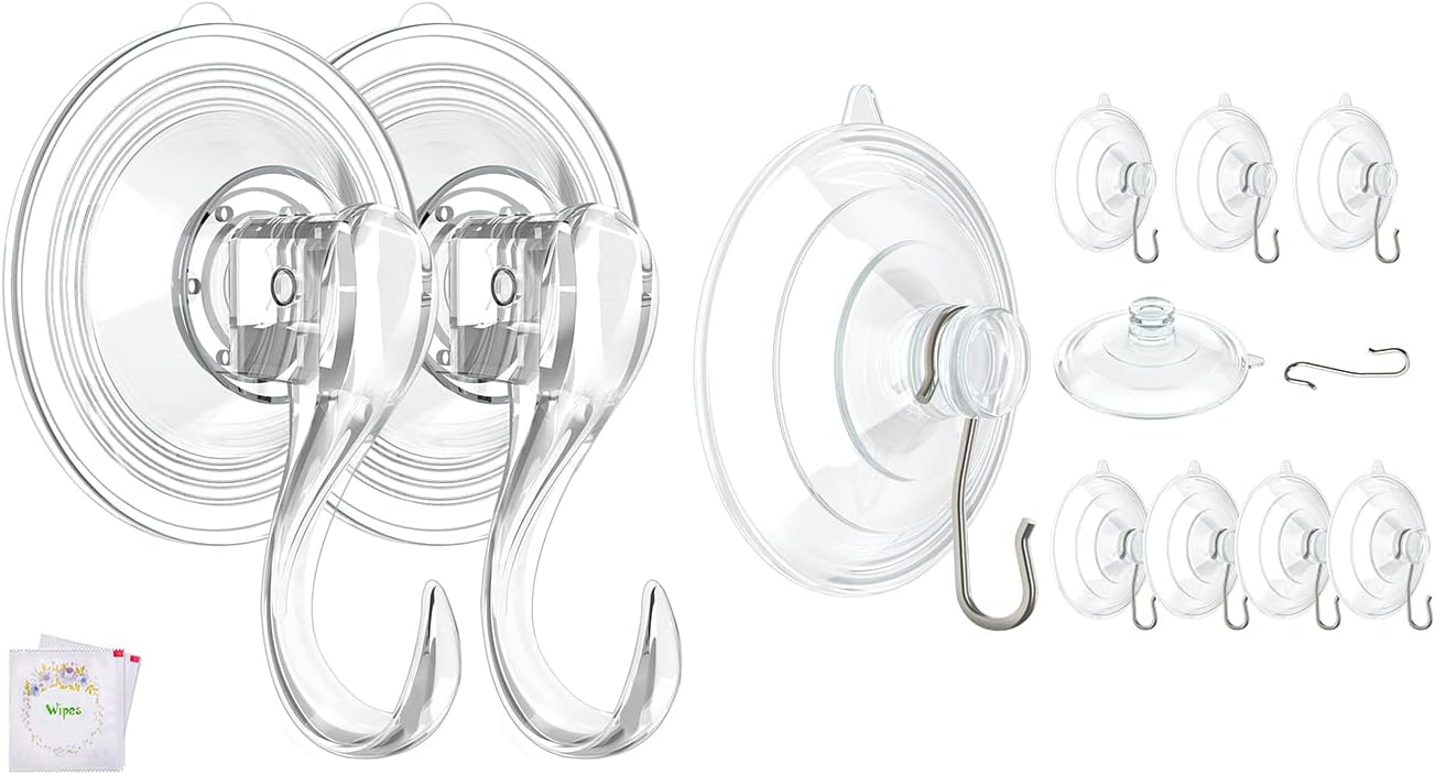 VIS'V Large Suction Cup Hooks - 2 Pcs Durable Hold with 10 Pcs Metal Hooks for Versatile Use