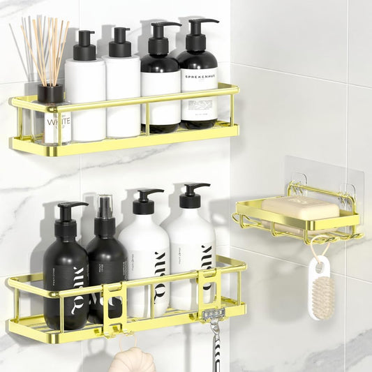 YASONIC Shower Caddy - No Drill Bathroom Organizer with Removable Hooks & Soap Holder | Rust Proof, Gold, 3 Pack