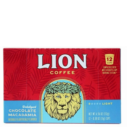 Lion Coffee Chocolate Macadamia Flavored Medium Roast Coffee, Single-Serve Coffee Pods, Compatible with Keurig® Brewers, Hawaiian Inspired Taste - (12 Count Box)