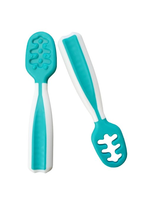 Baby Spoons, Silicone Pre-Spoons for Kids Aged 6+ Months - First and Second Stage Feed, Baby Led Weaning, Teething, Infant Feeding - Toddler Utensils - Set of 2 Spoons, Teal/White