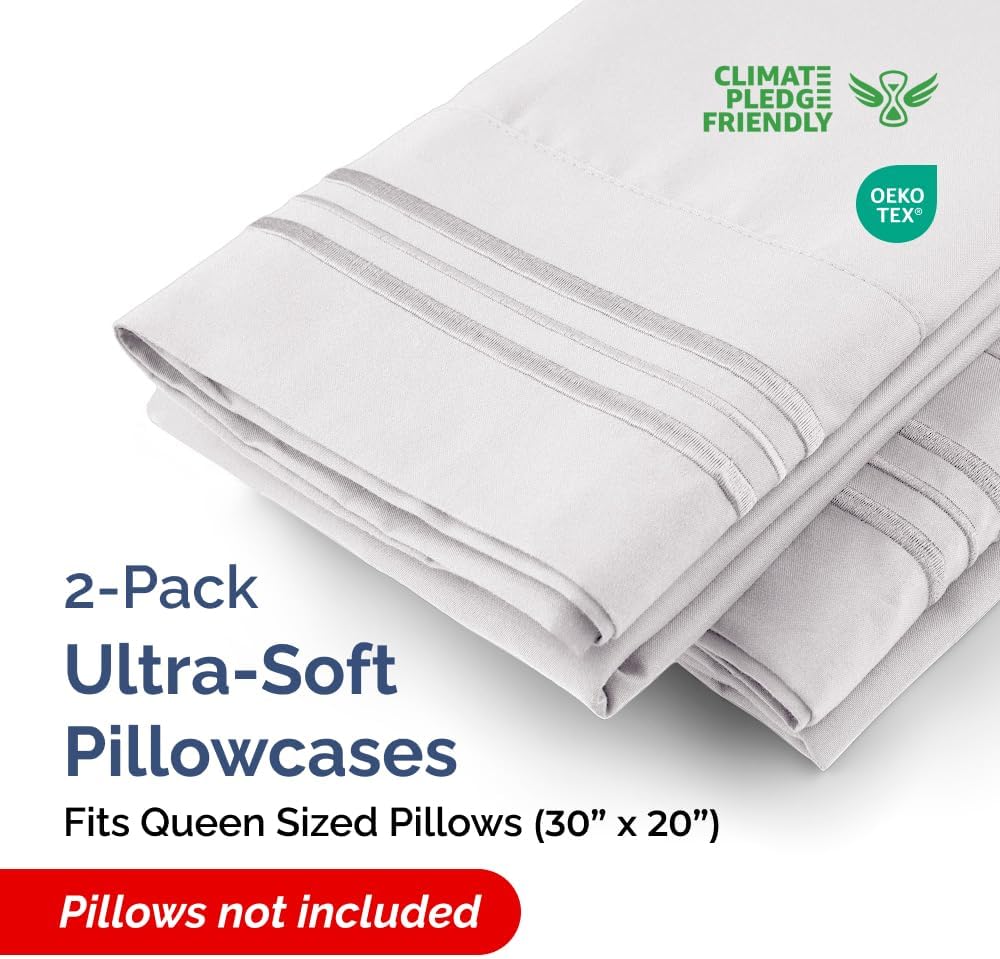 Queen Pillow Cases by [Brand Name] - Ultra Soft Hotel Quality Covers | Comfy, Wrinkle-Free, Fade Resistant - 2 Piece Set in French Grey