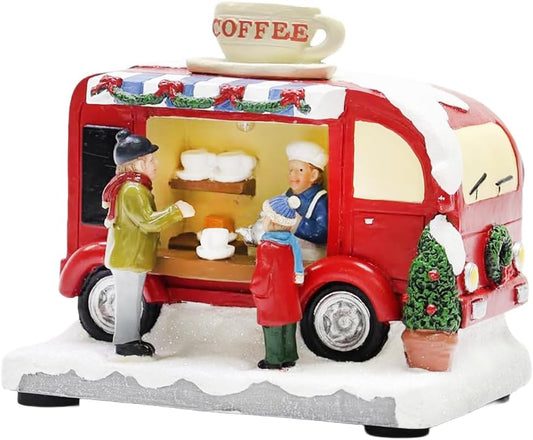 Moments In Time Christmas Coffee Truck Village Scene - Lighted LED Holiday Decor, Hand-Painted Polyresin