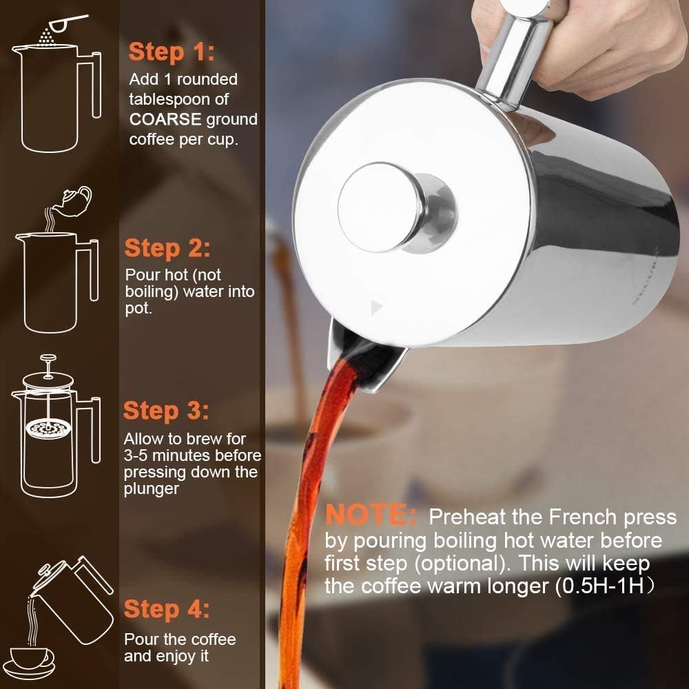 Secura French Press Coffee Maker - 304 Grade Stainless Steel Insulated Design | 34oz (1 Litre), Silver
