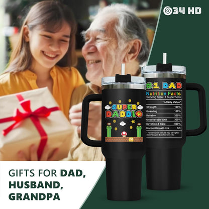 34HD Valentines Gifts for Men, Daddio Tumbler with Handle Straw 40 oz Stainless Steel, Dad Nutrition Facts Mug, Gamer Dad Birthday Gifts from Daughter Son