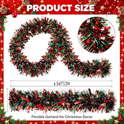Red & Green Christmas Tinsel Garland 6.56 Ft Flexible Holiday Decor