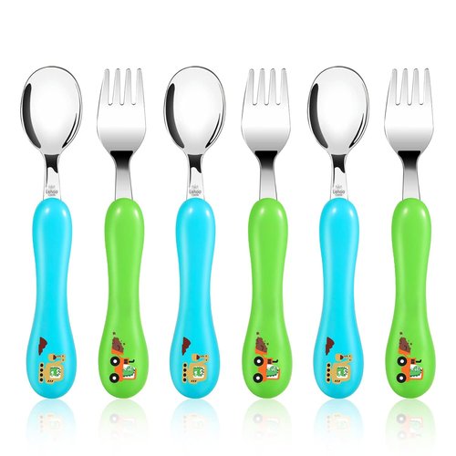 Lehoo Castle Toddler Utensil Set - 6-Piece Stainless Steel Fork & Spoon with Dinosaur Design for Ages 2-4