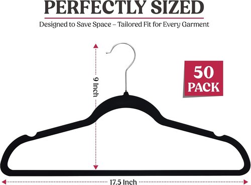 LDC Black Velvet Hangers - Premium Non-Slip Felt Clothes Hangers | 50 Pack with 360° Swivel Hook