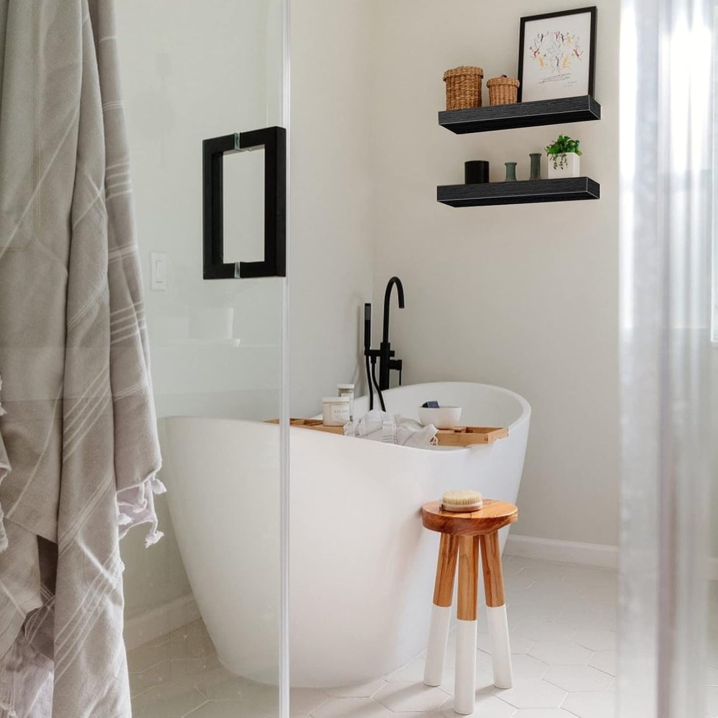 QEEIG Floating Bathroom Shelves - Stylish Wall-Mounted Storage | Set of 2, 15.7" x 6.7", Black