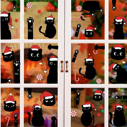 Christmas Black Cat Wall Decals - Candy Cane & Santa Hat Stickers for Holiday Decor