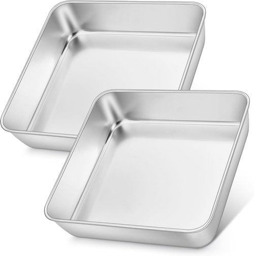 E-far Stainless Steel Square Cake Pans - Set of 2, 8x8 Inch Non-Toxic Bakeware for Lasagna & Brownies