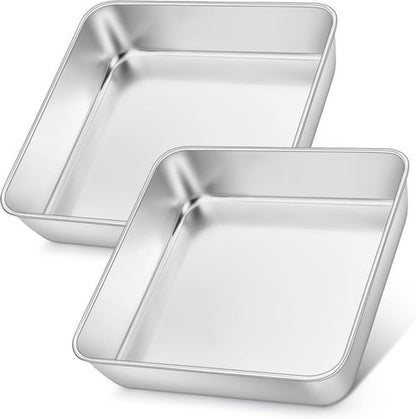 E-far Stainless Steel Square Cake Pans - Set of 2, 8x8 Inch Non-Toxic Bakeware for Lasagna & Brownies