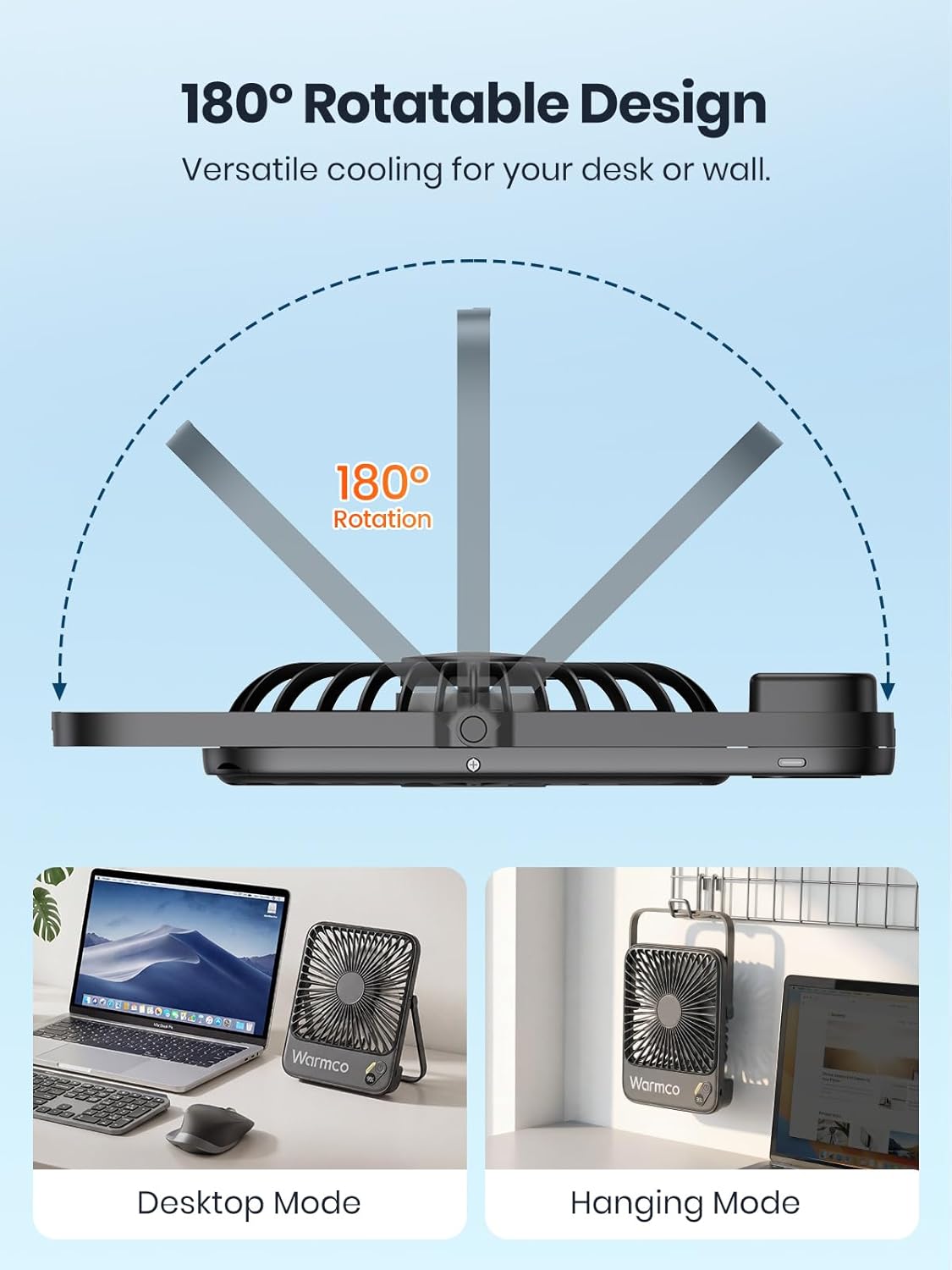 Warmco 10000mAh Portable Travel Fan - 7-Inch, Ultra-Thin, Quiet Design with 24H Runtime | Ideal for Camping, Office, Bedroom