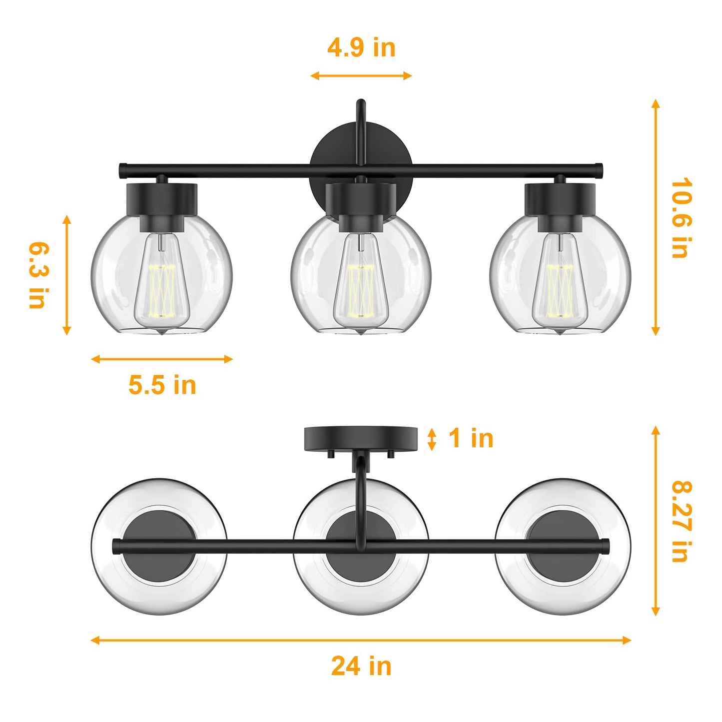 EAPUDUN 3 Lights Vanity Light Fixtures Over Mirror, Matte Black Farmhouse Bathroom Light Fixtures with Clear Glass Shades,Industrial Wall Light Fixture for Bathroom Over Mirror WLA1435-MBK