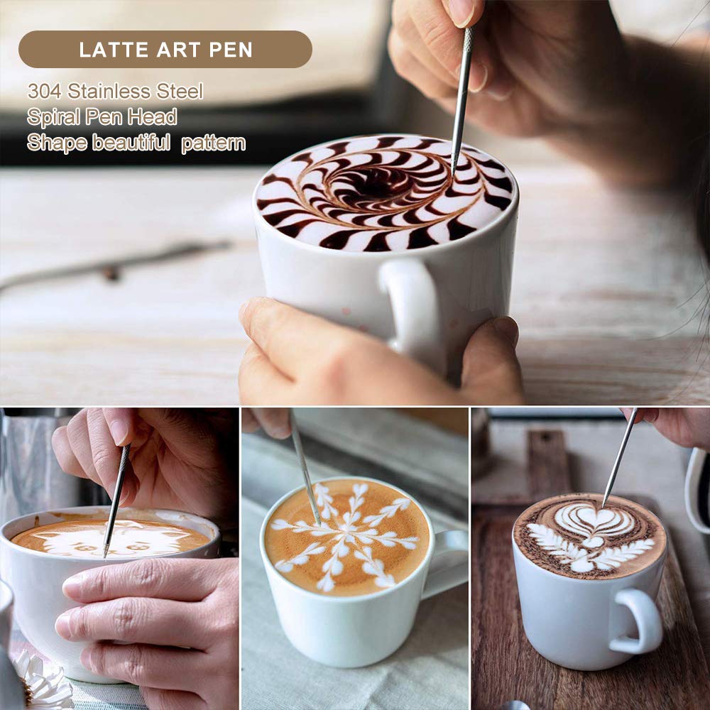 Milk Frother Handheld Coffee Art Set - with Milk Frother Pitcher, Powder Cocoa Shaker, Latte Art Pen, Coffee Stencils, Coffee Spoons