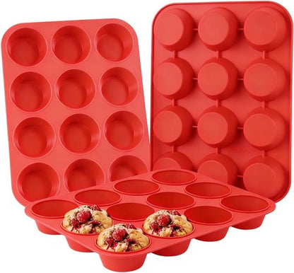 CAKETIME Silicone Muffin Pan - 3 Pack Regular 12 Cup Baking Tray for Muffins & Cupcakes